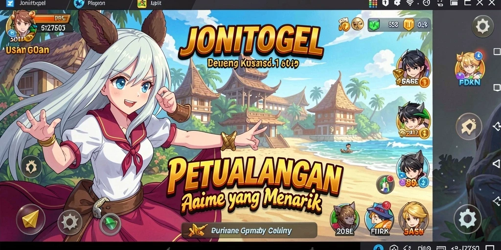 Tampilan gameplay menarik dari JONITOGEL yang penuh warna dan karakter animasi.