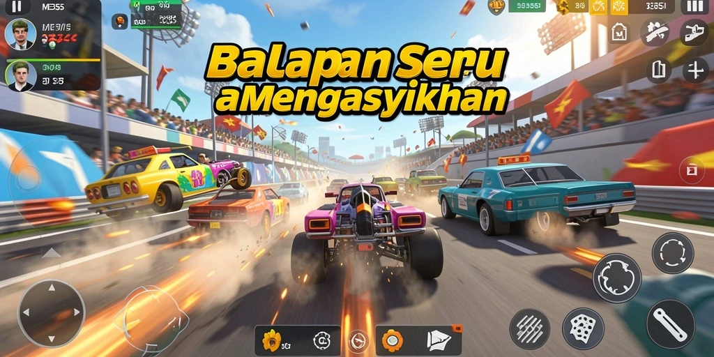 Screenshot gameplay ME355 yang menampilkan aksi balapan mendebarkan.